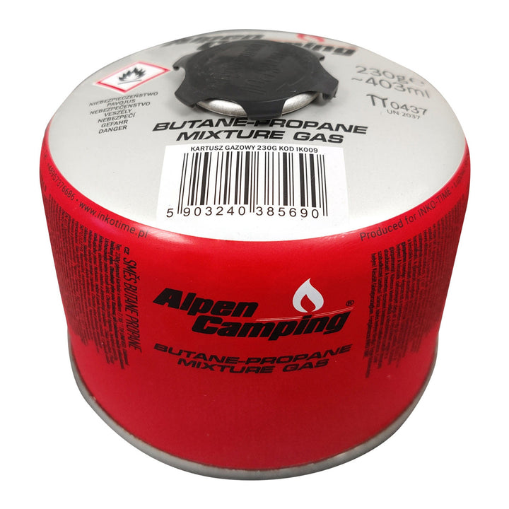 Gaspatroon 230g Alpen Camping, certificaat: Pi 0656, voldoet aan EN417, propaan-butaan, bereik -10°C tot + 40°C, 7/16" draadventiel IK009