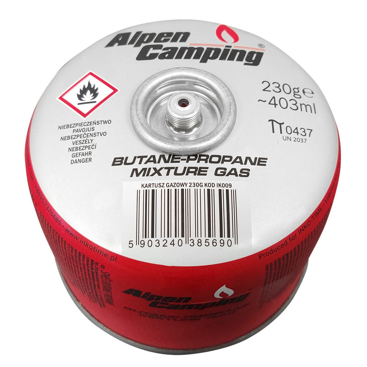 Gaspatroon 230g Alpen Camping, certificaat: Pi 0656, voldoet aan EN417, propaan-butaan, bereik -10°C tot + 40°C, 7/16" draadventiel IK009