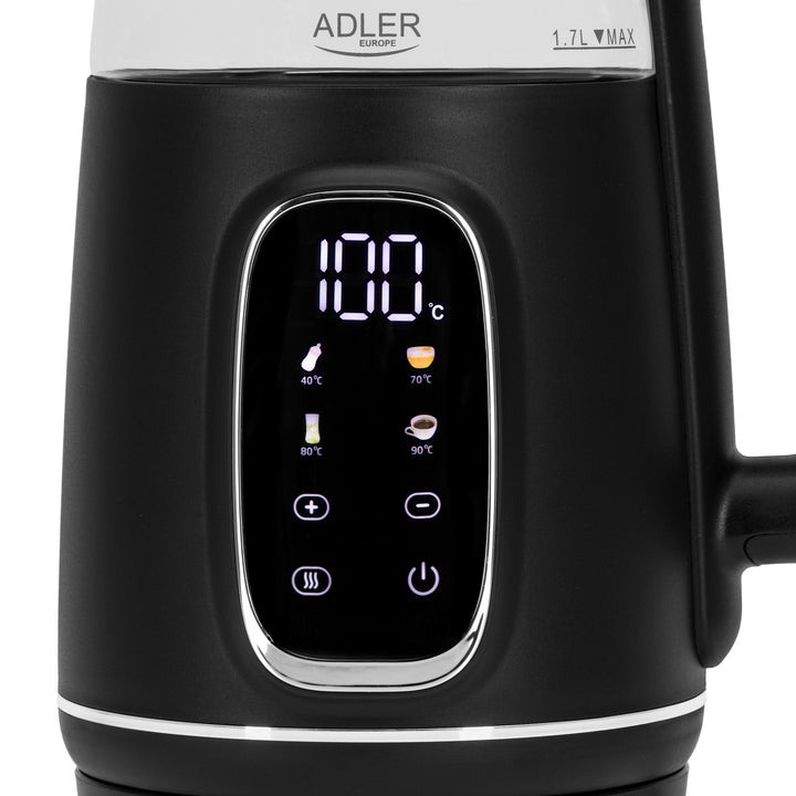 Adler - Waterkoker - Elektrische glas waterkoker 1.7L - Temperatuurregeling - LED-display, AD 1305 bs - Zwart en zilver