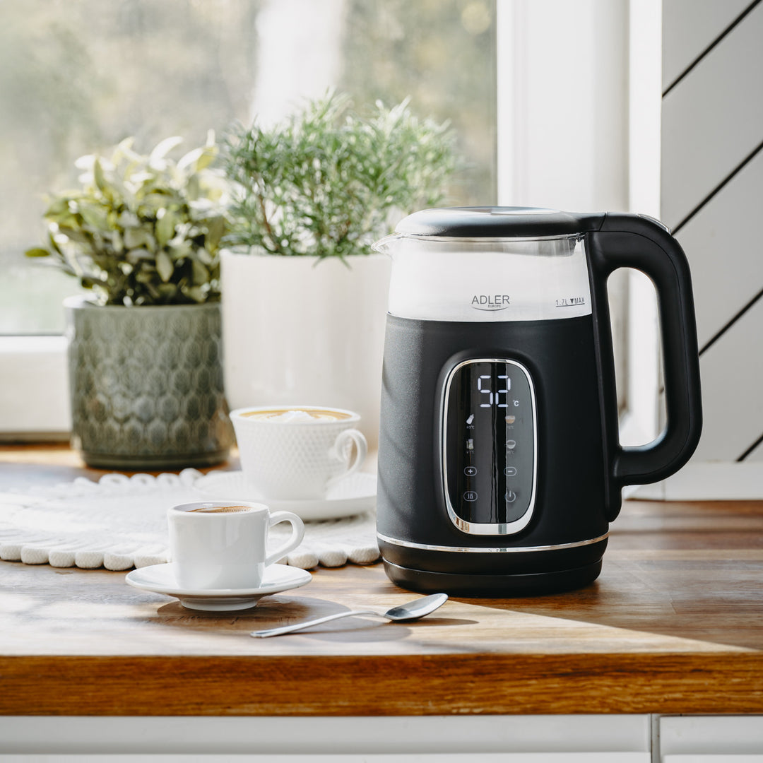 Adler - Waterkoker - Elektrische glas waterkoker 1.7L - Temperatuurregeling - LED-display, AD 1305 bs - Zwart en zilver