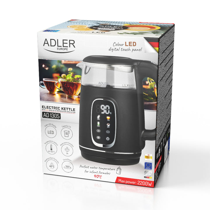 Adler - Waterkoker - Elektrische glas waterkoker 1.7L - Temperatuurregeling - LED-display, AD 1305 bs - Zwart en zilver