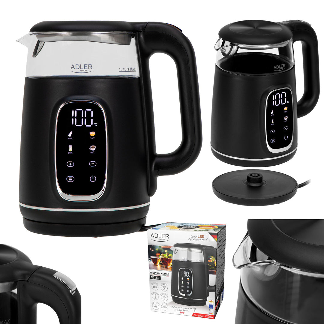Adler - Waterkoker - Elektrische glas waterkoker 1.7L - Temperatuurregeling - LED-display, AD 1305 bs - Zwart en zilver