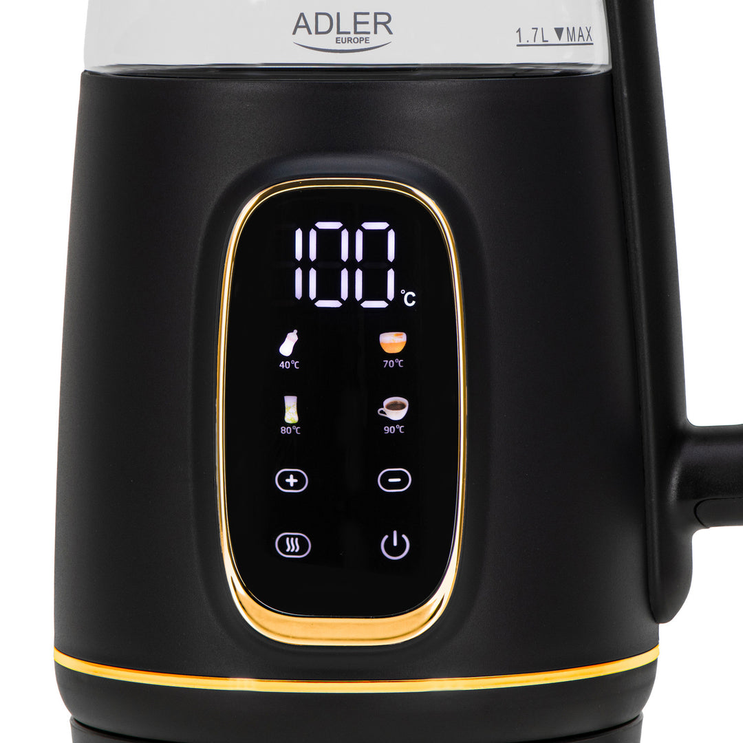 Adler elektrische glaskoker 1.7L, Zwart en goud, Temperatuurregeling, LED-display, AD 1305 bg