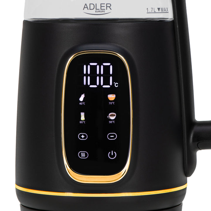 Adler elektrische glaskoker 1.7L, Zwart en goud, Temperatuurregeling, LED-display, AD 1305 bg