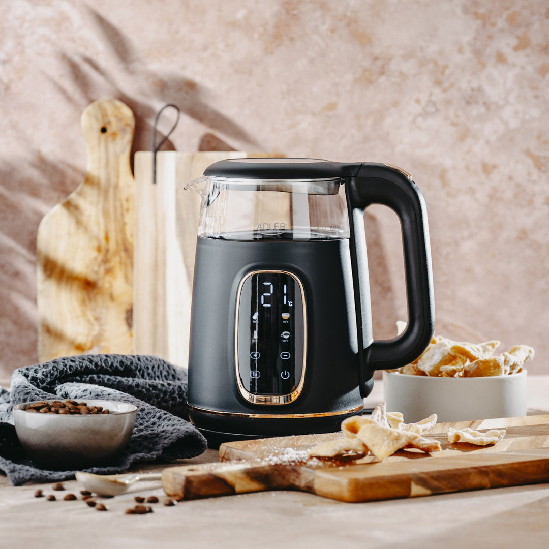 Adler elektrische glaskoker 1.7L, Zwart en goud, Temperatuurregeling, LED-display, AD 1305 bg