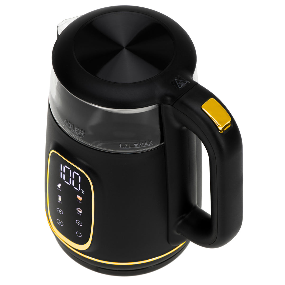 Adler elektrische glaskoker 1.7L, Zwart en goud, Temperatuurregeling, LED-display, AD 1305 bg