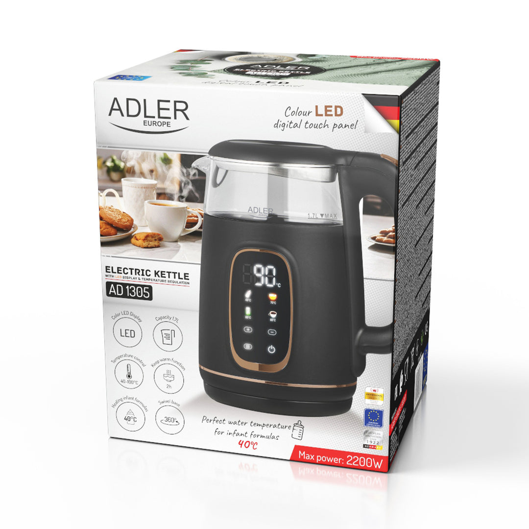 Adler elektrische glaskoker 1.7L, Zwart en goud, Temperatuurregeling, LED-display, AD 1305 bg