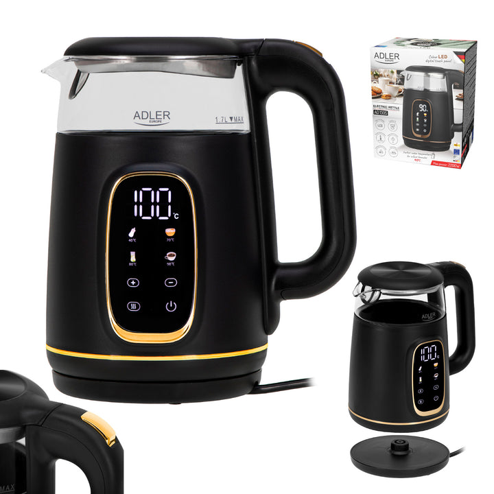 Adler elektrische glaskoker 1.7L, Zwart en goud, Temperatuurregeling, LED-display, AD 1305 bg