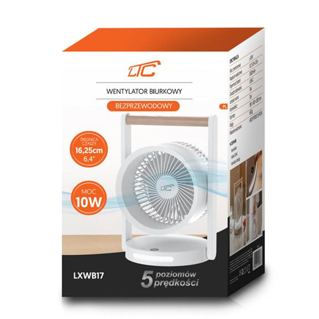 LTC draadloze bureauventilator, nachtlampje en LED-display, 5 snelheidsstanden, 3600 mAh batterij, LXWB17