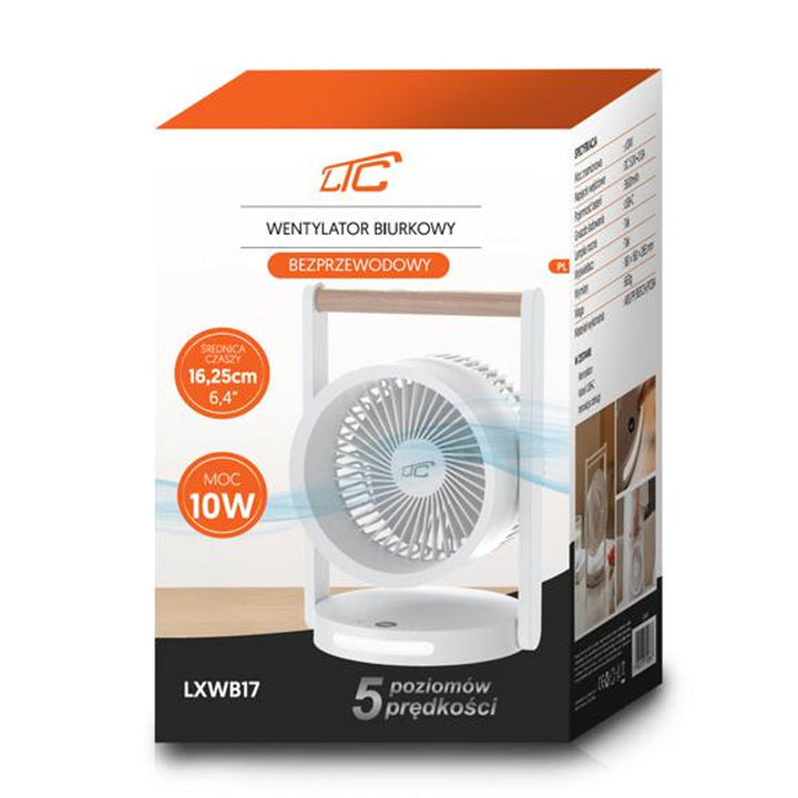 LTC draadloze bureauventilator, nachtlampje en LED-display, 5 snelheidsstanden, 3600 mAh batterij, LXWB17