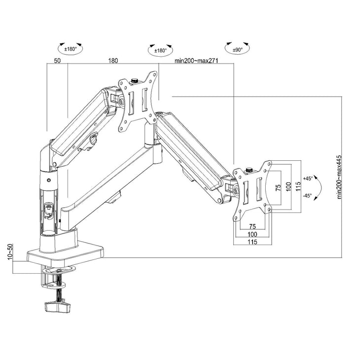 Bevestiging voor 2 Maclean monitoren, gasveer, 17"-32", 2-10kg, zwart, MC-134
