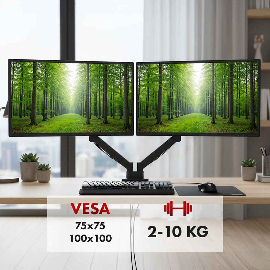 Bevestiging voor 2 Maclean monitoren, gasveer, 17"-32", 2-10kg, zwart, MC-134