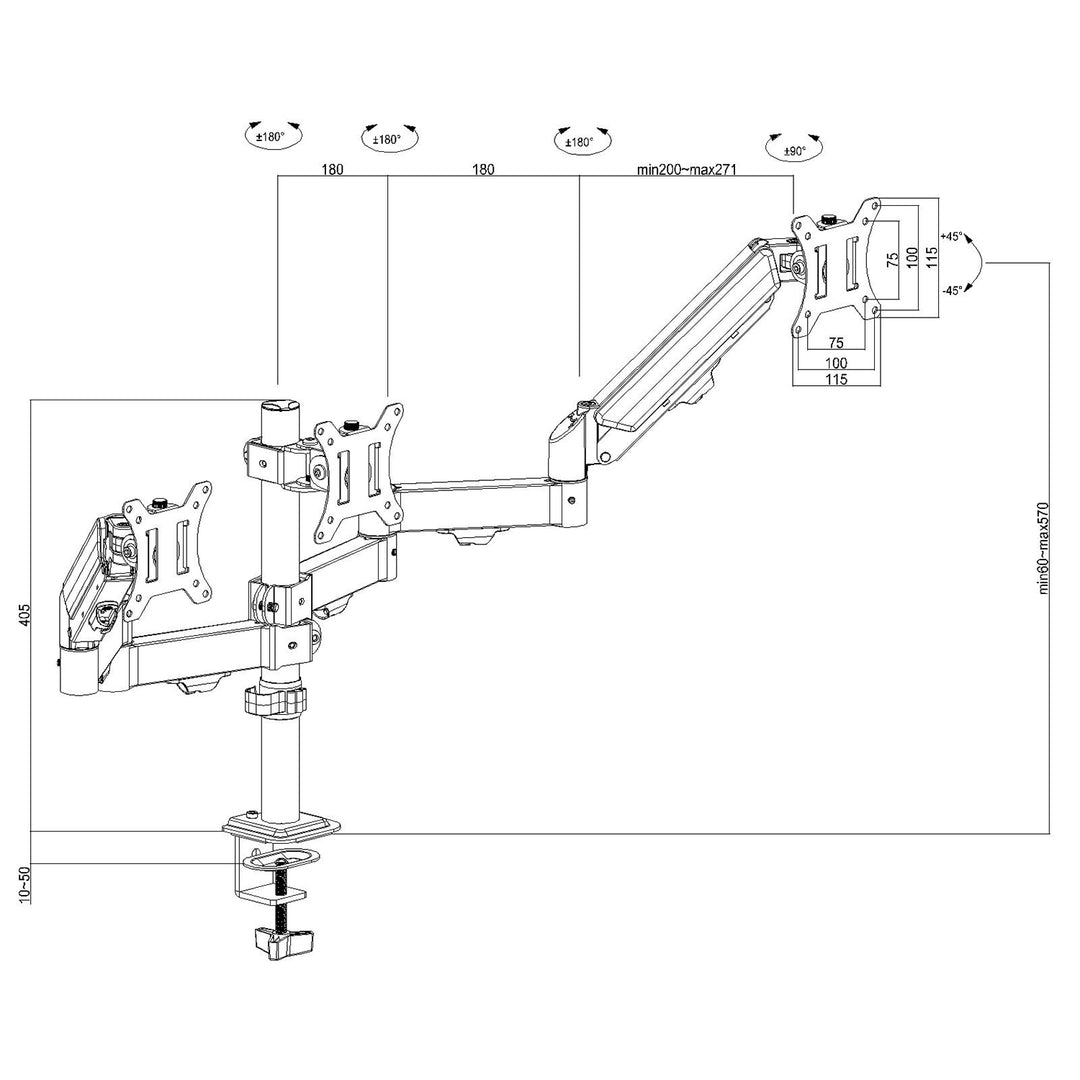 Steun voor 3 Maclean monitoren, gasveer, 17"-27", 2-8kg, zwart, MC-137