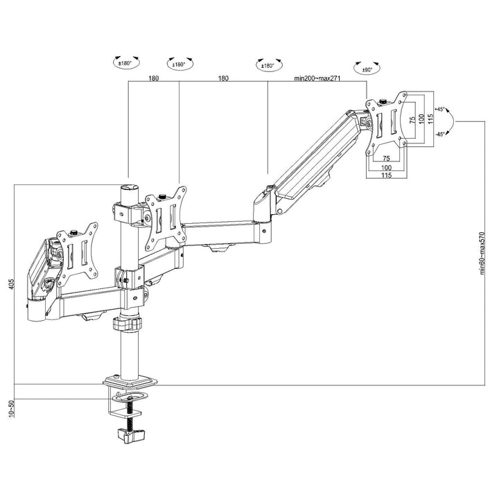 Steun voor 3 Maclean monitoren, gasveer, 17"-27", 2-8kg, zwart, MC-137