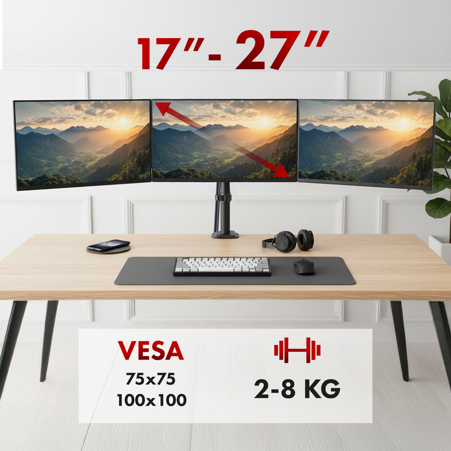 Steun voor 3 Maclean monitoren, gasveer, 17"-27", 2-8kg, zwart, MC-137