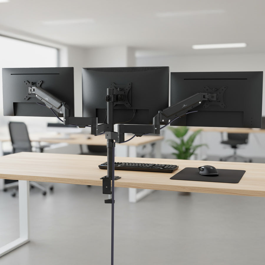 Steun voor 3 Maclean monitoren, gasveer, 17"-27", 2-8kg, zwart, MC-137