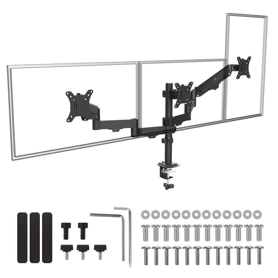 Steun voor 3 Maclean monitoren, gasveer, 17"-27", 2-8kg, zwart, MC-137