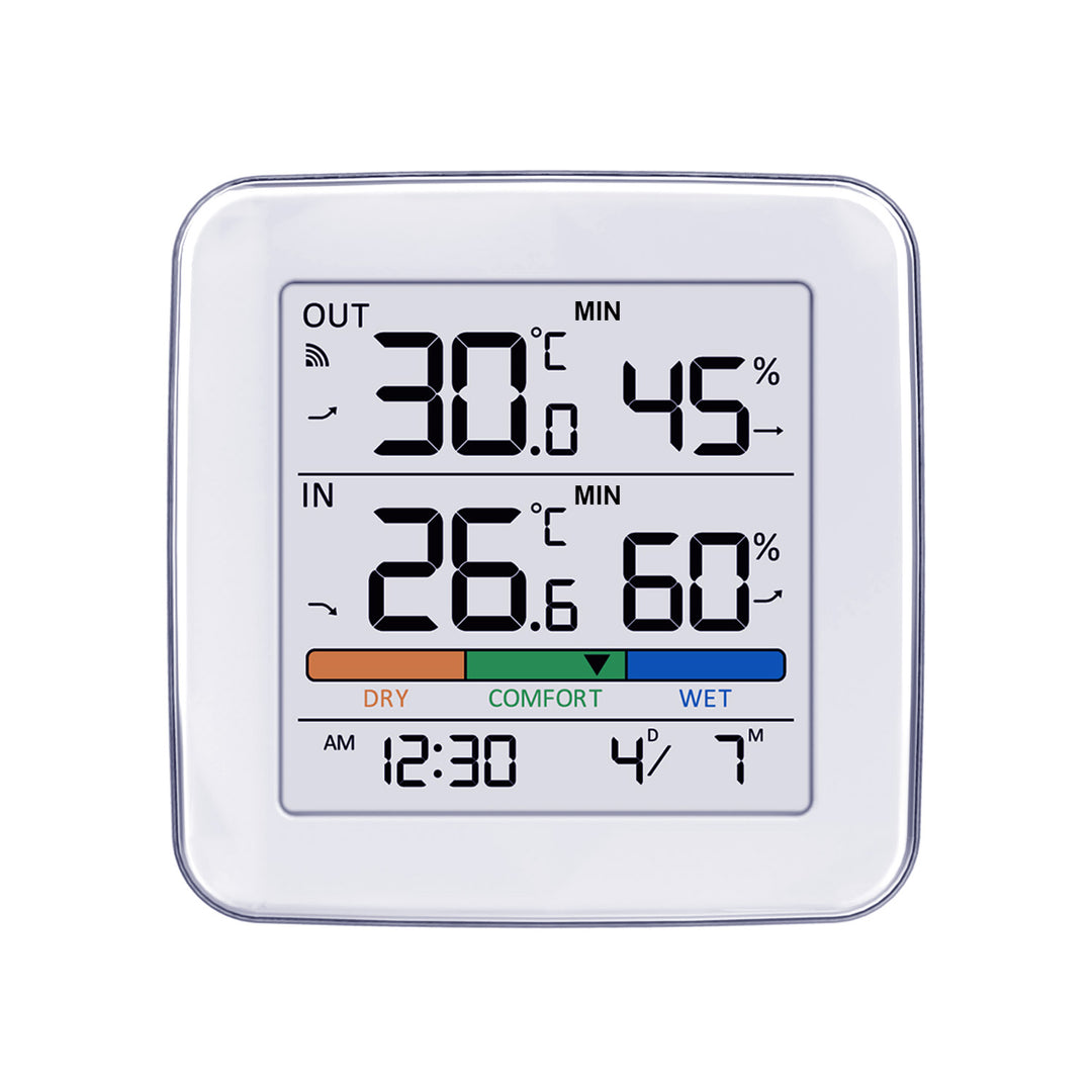 GreenBlue draadloze weerstation, temperatuur + vochtigheid IN/OUT, klok + alarm + datum, keuze uit °C / °F, bereik tot 60 m, GB169