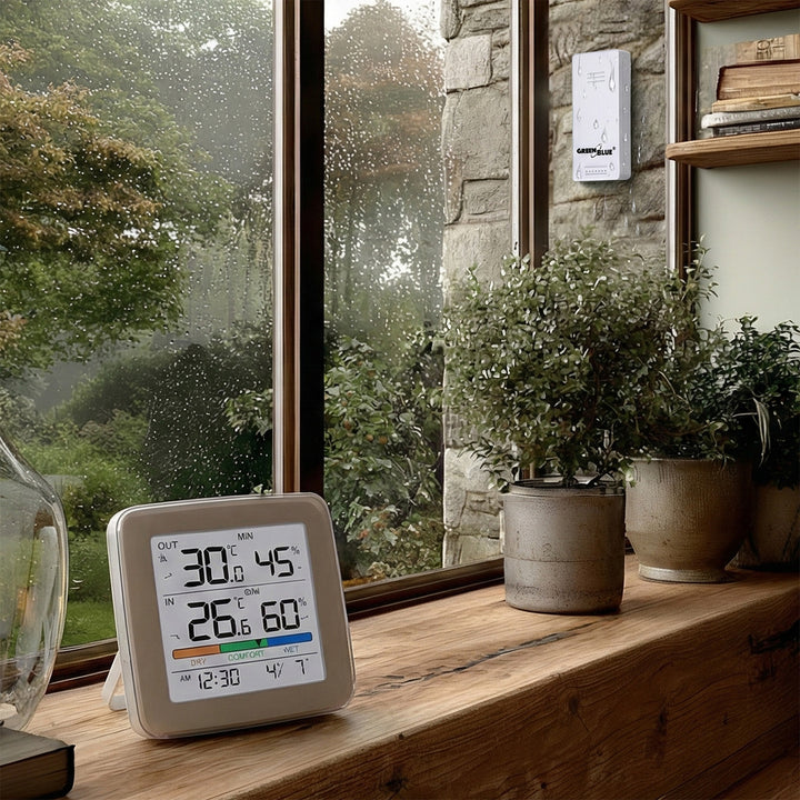 GreenBlue draadloze weerstation, temperatuur + vochtigheid IN/OUT, klok + alarm + datum, keuze uit °C / °F, bereik tot 60 m, GB169