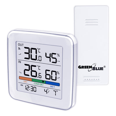 GreenBlue draadloze weerstation, temperatuur + vochtigheid IN/OUT, klok + alarm + datum, keuze uit °C / °F, bereik tot 60 m, GB169