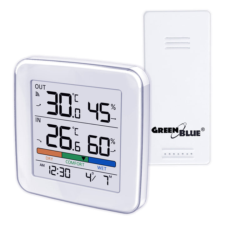 GreenBlue draadloze weerstation, temperatuur + vochtigheid IN/OUT, klok + alarm + datum, keuze uit °C / °F, bereik tot 60 m, GB169