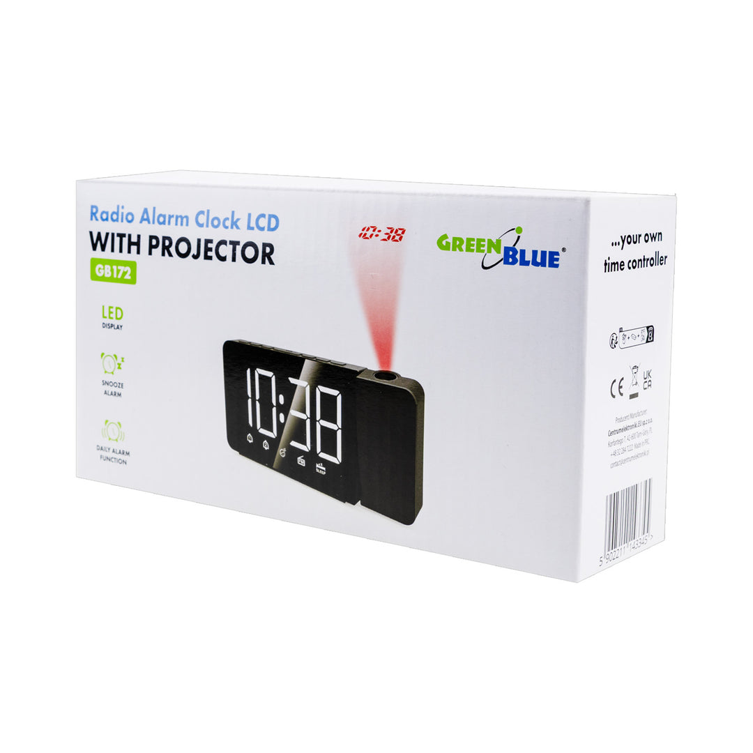 Digitale LED-wekkerradio met GreenBlue-projector, FM-radio, alarm, 12/24-uursklok, voeding USB 5V DC + CR2032, GB172
