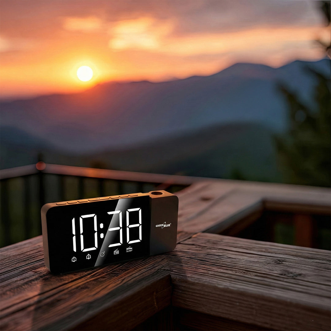 Digitale LED-wekkerradio met GreenBlue-projector, FM-radio, alarm, 12/24-uursklok, voeding USB 5V DC + CR2032, GB172