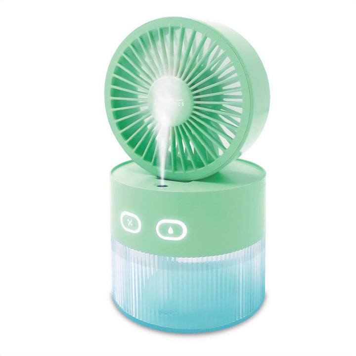 Bureauventilator met luchtbevochtiging. Capaciteit 350ml. Nevel van 40ml/u. USB-C voeding.