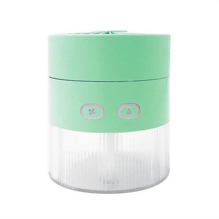 Bureauventilator met luchtbevochtiging. Capaciteit 350ml. Nevel van 40ml/u. USB-C voeding.