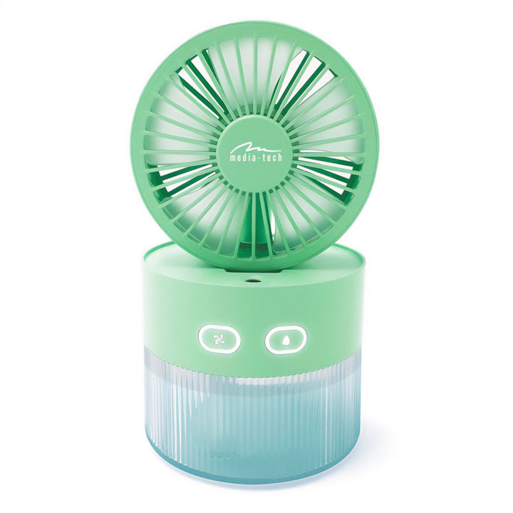 Bureauventilator met luchtbevochtiging. Capaciteit 350ml. Nevel van 40ml/u. USB-C voeding.