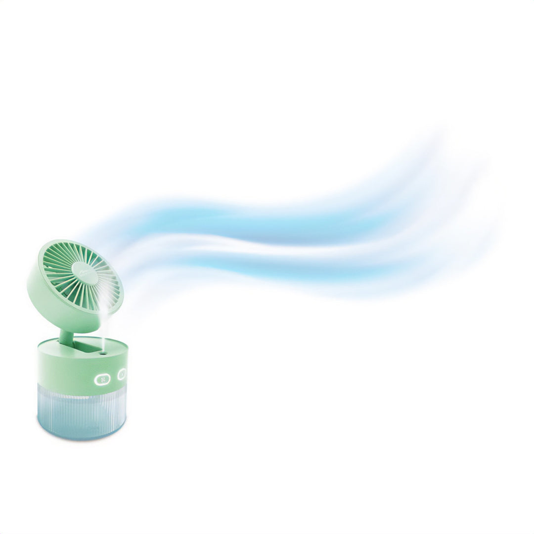 Bureauventilator met luchtbevochtiging. Capaciteit 350ml. Nevel van 40ml/u. USB-C voeding.
