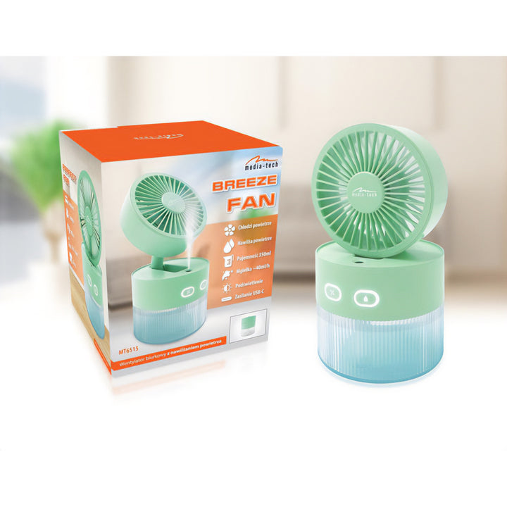Bureauventilator met luchtbevochtiging. Capaciteit 350ml. Nevel van 40ml/u. USB-C voeding.