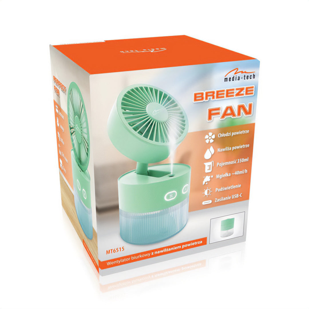 Bureauventilator met luchtbevochtiging. Capaciteit 350ml. Nevel van 40ml/u. USB-C voeding.