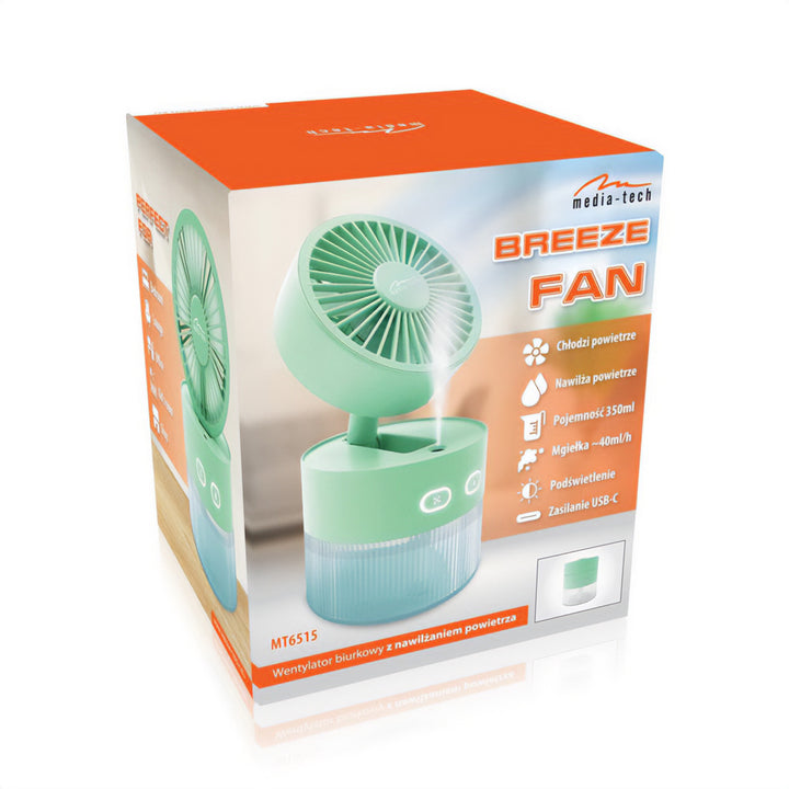 Bureauventilator met luchtbevochtiging. Capaciteit 350ml. Nevel van 40ml/u. USB-C voeding.