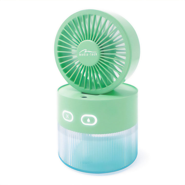Bureauventilator met luchtbevochtiging. Capaciteit 350ml. Nevel van 40ml/u. USB-C voeding.