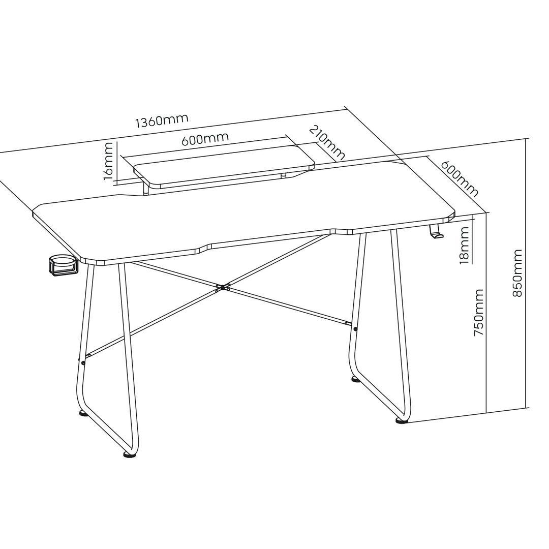 Gaming bureau met monitorlegbord NanoRS, max. 50kg, hoogte 850mm, zwart, RS170+Kabelopberger / bureaurooster Nano RS, 1345mm, zwart en rood, RS125