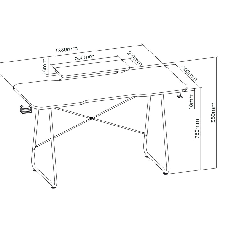 Gaming bureau met monitorlegbord NanoRS, max. 50kg, hoogte 850mm, zwart, RS170+Kabelopberger / bureaurooster Nano RS, 1345mm, zwart en rood, RS125