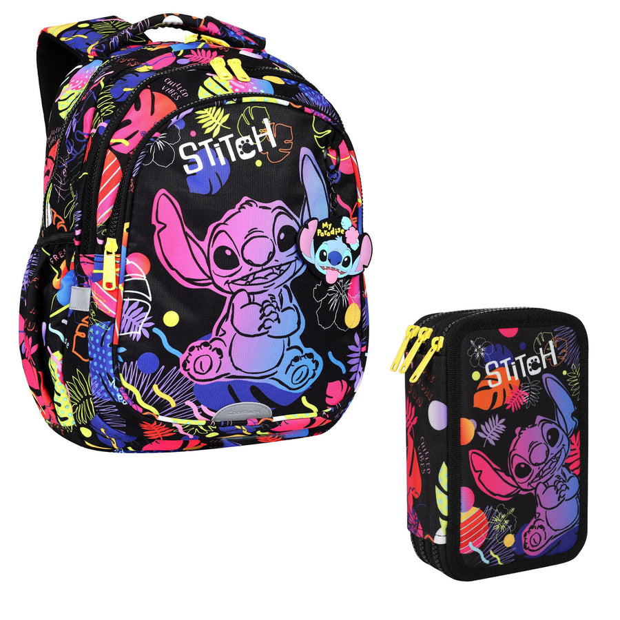 Schoolrugzak 19 L Coolpack Jerry DISNEY STITCH zwart + CoolPack potloodetui met drie vakken en accessoires JUMPER 3 STITCH