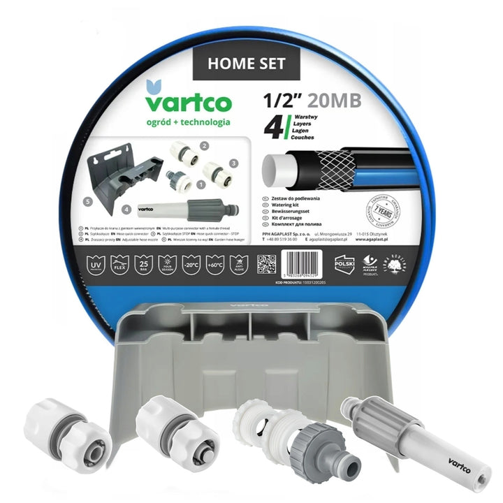 Vartco tuinset, 1/2'' 20m slang, stop en go snelkoppeling, kraanaansluiting, sproeier, muurbeugel, Home Set