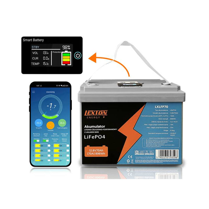 Lexton Lithium IJzerfosfaat LiFePo4 Batterij, met BMS, 12,8V, 70Ah, LXLFP70