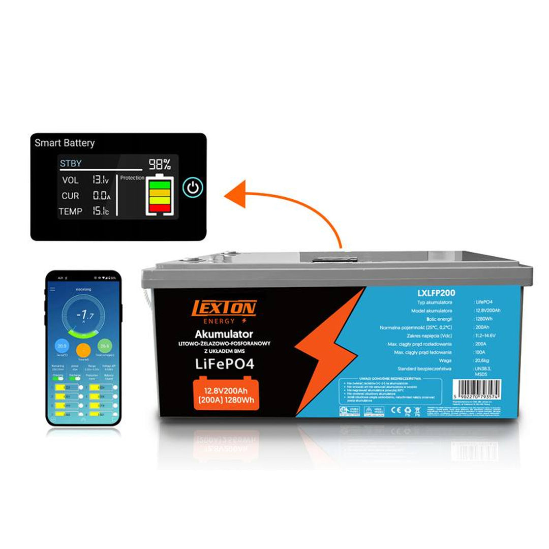 LiFePo4 Lexton lithium-ijzer-fosfaataccu, met BMS, 12,8V, 200Ah, LXLFP200