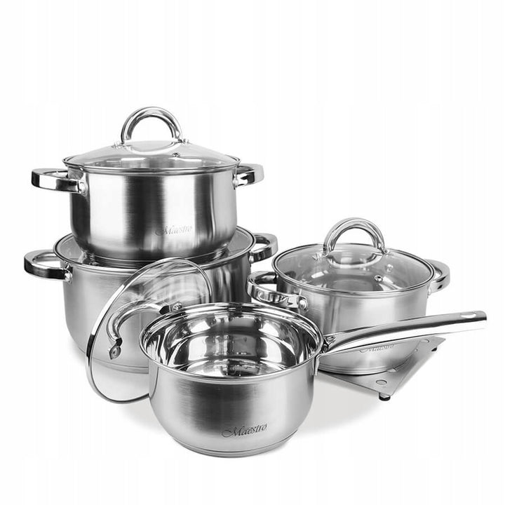 Maestro 9-delige pannenset 1,5L, 2L, 3L, 5L, roestvrij staal, vaatwasmachinebestendig, geschikt voor alle soorten fornuizen, kookplaat, MR-2021