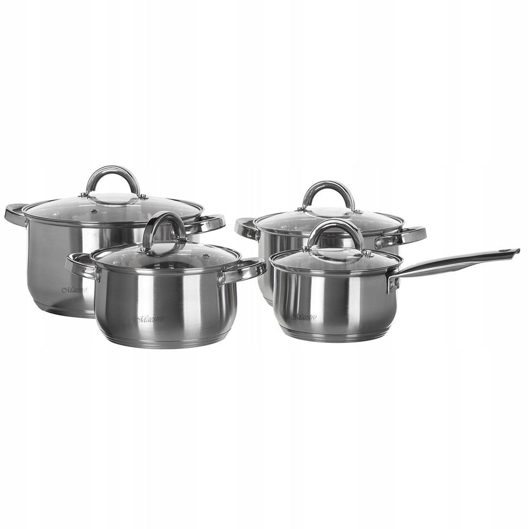 Maestro 9-delige pannenset 1,5L, 2L, 3L, 5L, roestvrij staal, vaatwasmachinebestendig, geschikt voor alle soorten fornuizen, kookplaat, MR-2021