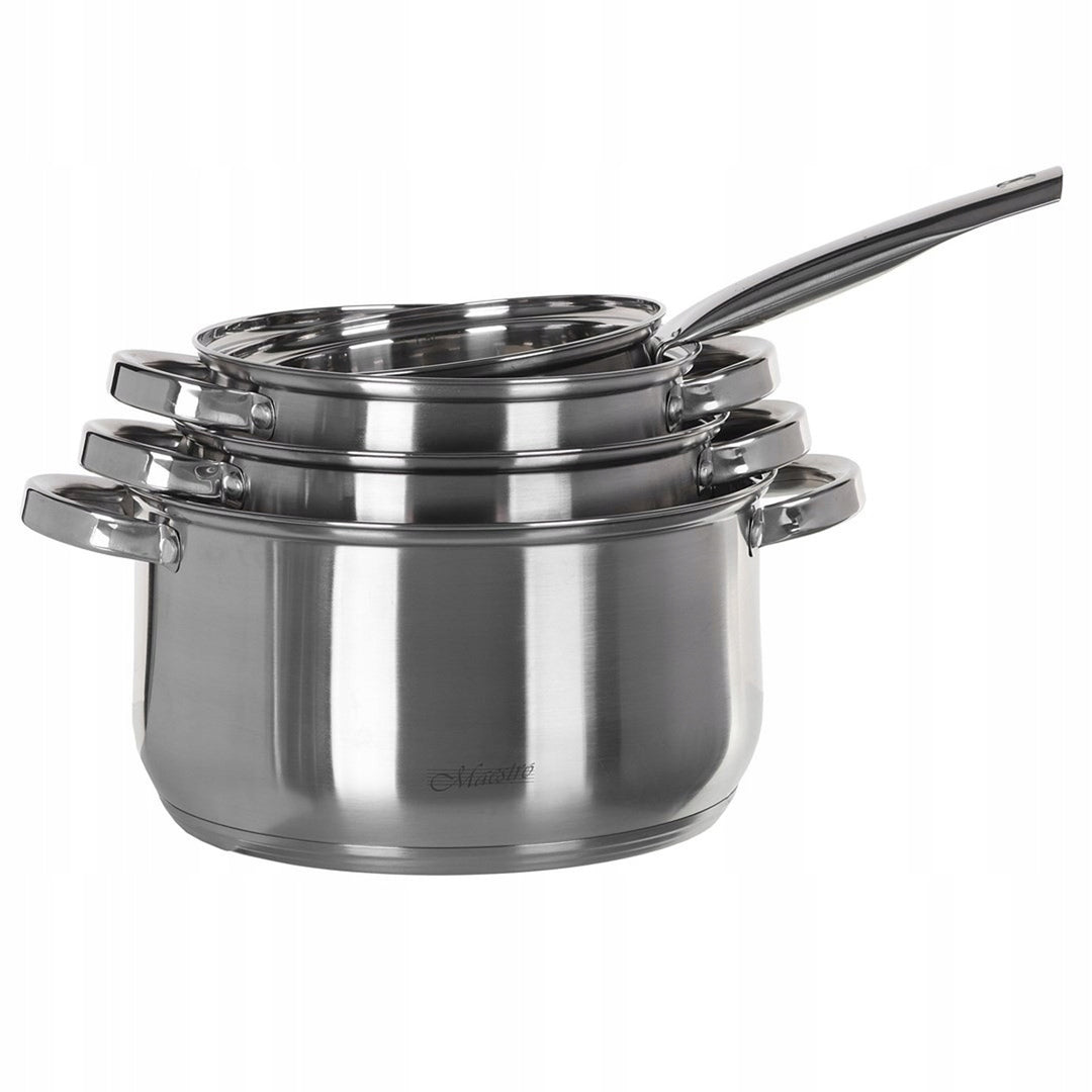 Maestro 9-delige pannenset 1,5L, 2L, 3L, 5L, roestvrij staal, vaatwasmachinebestendig, geschikt voor alle soorten fornuizen, kookplaat, MR-2021