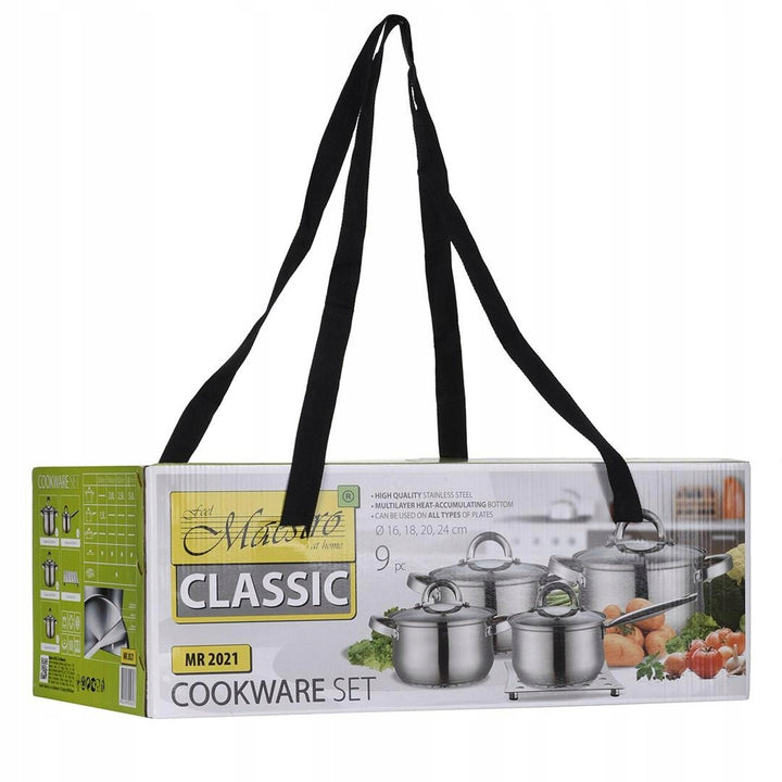 Maestro 9-delige pannenset 1,5L, 2L, 3L, 5L, roestvrij staal, vaatwasmachinebestendig, geschikt voor alle soorten fornuizen, kookplaat, MR-2021