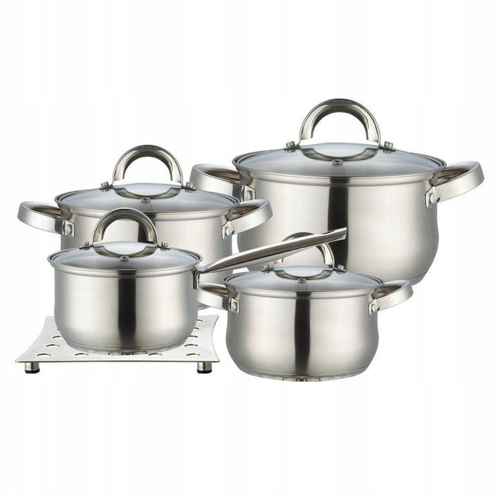 Maestro 9-delige pannenset 1,5L, 2L, 3L, 5L, roestvrij staal, vaatwasmachinebestendig, geschikt voor alle soorten fornuizen, kookplaat, MR-2021