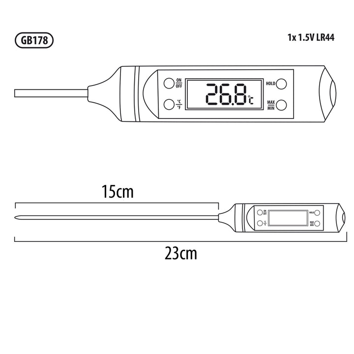 Voedselingsthermometer/sonde, groenblauw, sondelengte 15 cm, temperatuurbereik -50°C tot +300°C, nauwkeurigheid 0,1°C, GB178, 3 st.