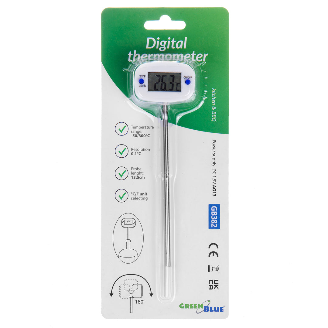 Voedselingsthermometer/sonde, groenblauw, sondelengte 15 cm, temperatuurbereik -50°C tot +300°C, nauwkeurigheid 0,1°C, GB382, 3 stuks