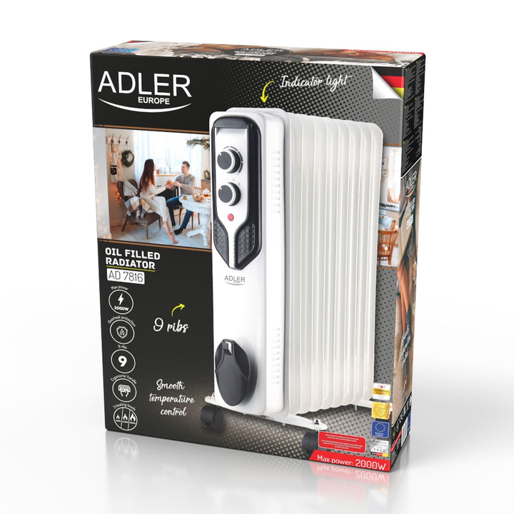 Olieverwarming 2000W thermostaat met 9 lamellen Adler