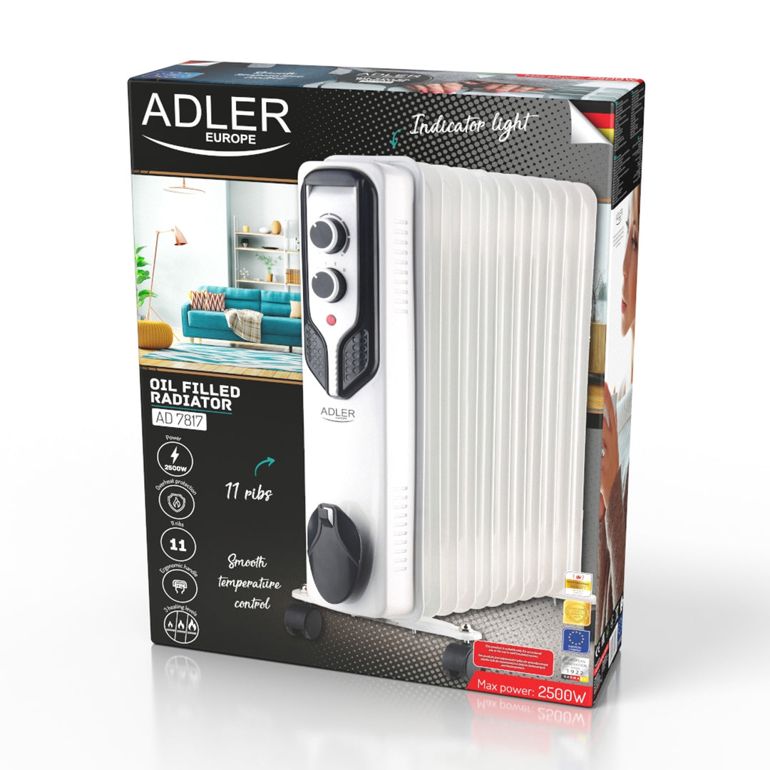 Adler oliekachel, 11 vinnen, vermogen 2500W, 3 verwarmingsniveaus, wit, AD 7817